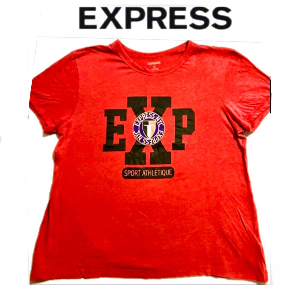 EXPRESS Red Graphic Sporty Logo Modal Knit TShirt athletique sizeL like new cond